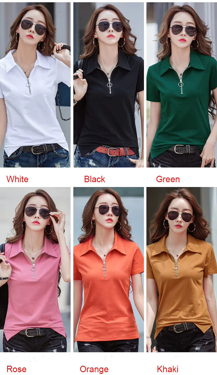Elegant Style Zipper Neck Short Sleeve Polo Cotton  T Shirt Mssza