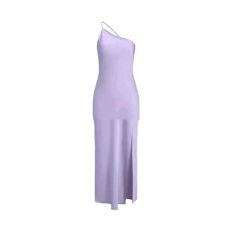Backless Satin Slant Shoulder Solid Slit Long Dress Mssaz Desses