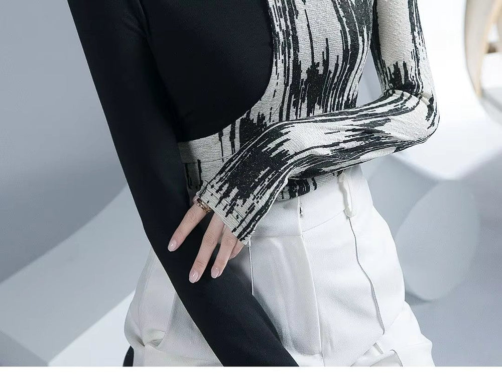 Turtleneck Long Sleeve High Street Printing Hollow Out Pullovers Elegant Slim Chic Top Mssza