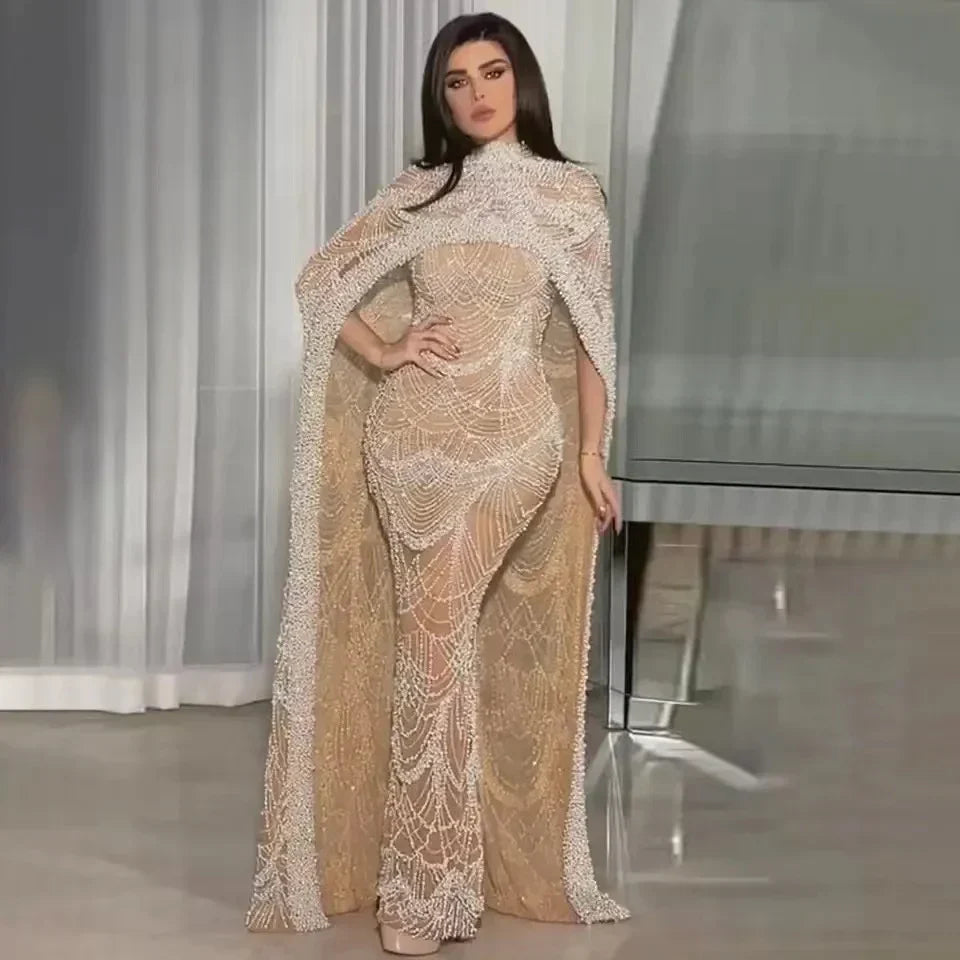 Pearls Mermaid Wedding Party Prom Dresses With Cape Mssaz Desses