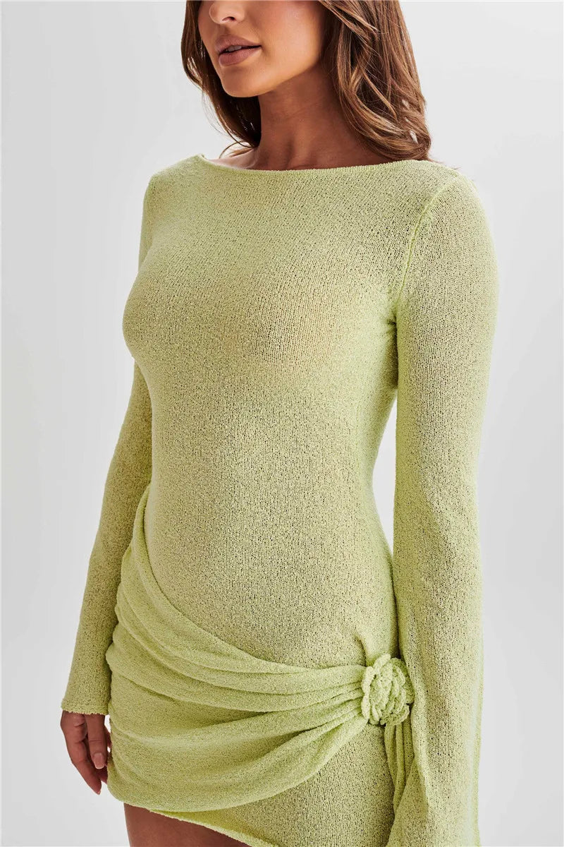 Floral Draped Open Back Knit Long Sleeve Mini Dress Mssaz Desses