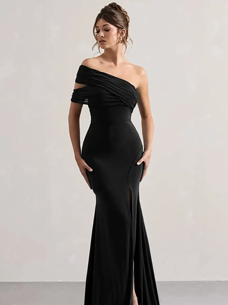 Solid One Shoulder Mesh Slit Long Dress Mssaz Desses