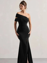 Solid One Shoulder Mesh Slit Long Dress Mssaz Desses