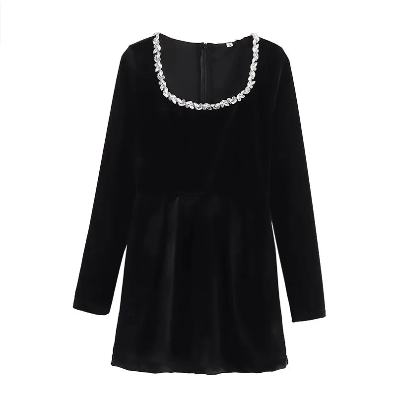 Black Rhinestone Velvet Mini Dress Mssaz Desses