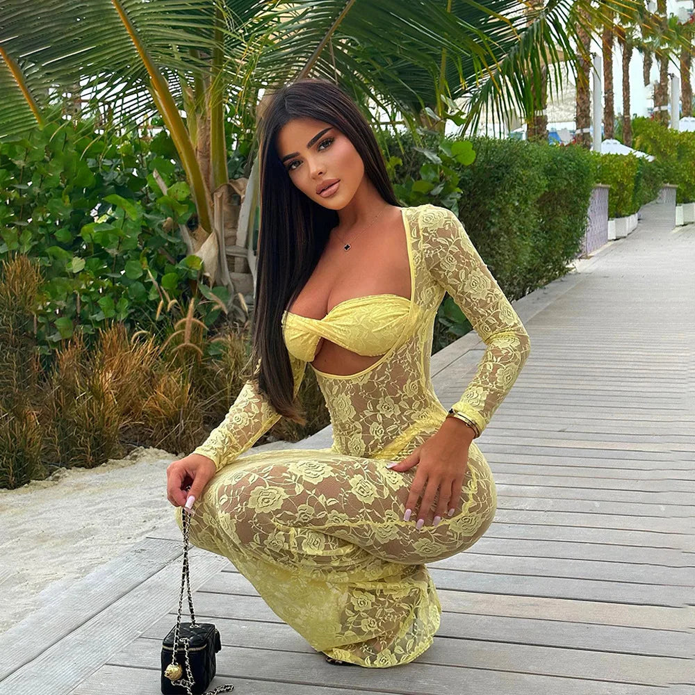 Perspective Lace Hollow Out Bodycon Maxi Dress Mssaz Desses