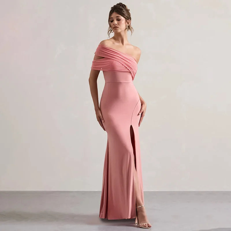 Solid One Shoulder Mesh Slit Long Dress Mssaz Desses