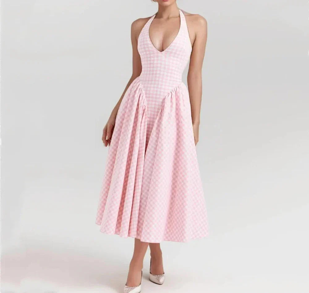 Pink White Plaid Bow Halter V Collar Midi Dress Mssaz Desses