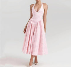 Pink White Plaid Bow Halter V Collar Midi Dress Mssaz Desses