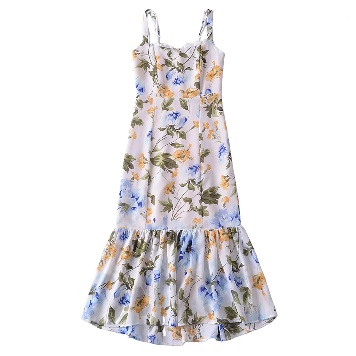 Cherry Print Ruffles Hem Trumpet Midi Dress Mssaz Desses