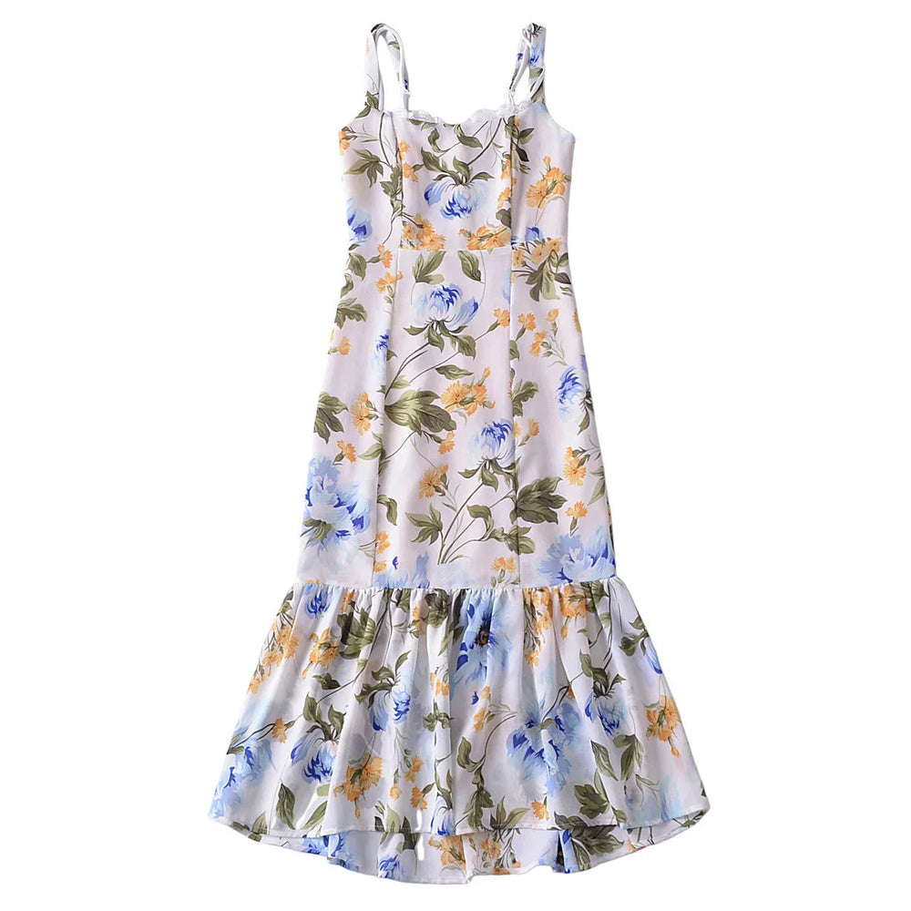 Cherry Print Ruffles Hem Trumpet Midi Dress Mssaz Desses