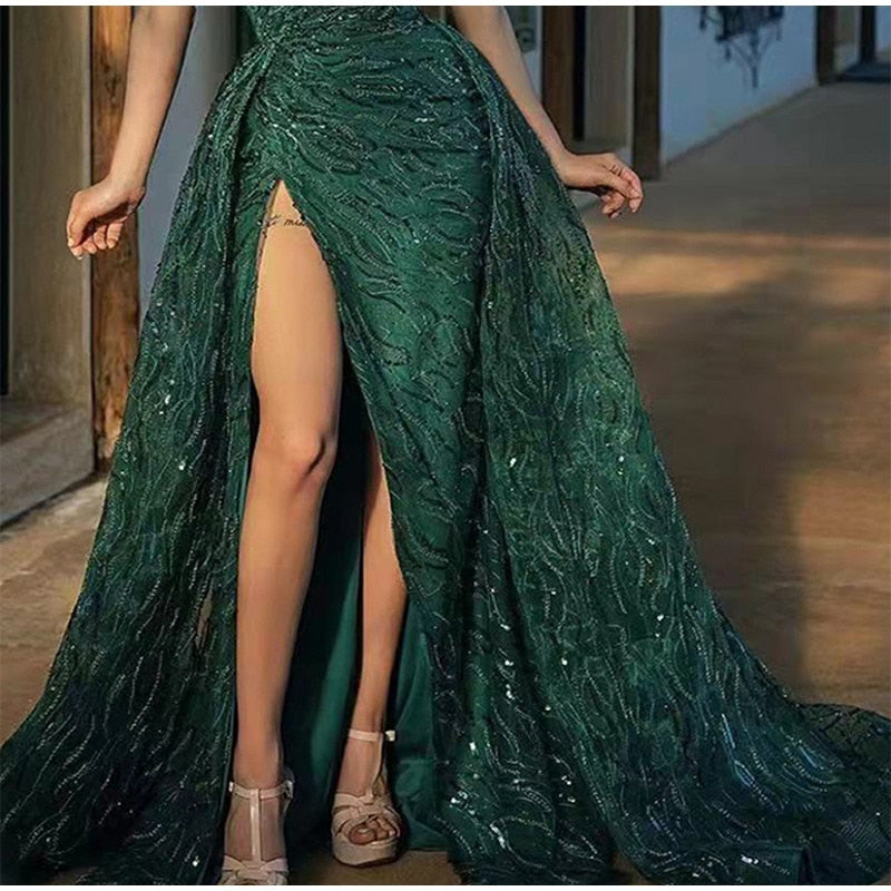 Sequin Off Shoulder High Split Inclined Shoulder Dress Mssaz Desses