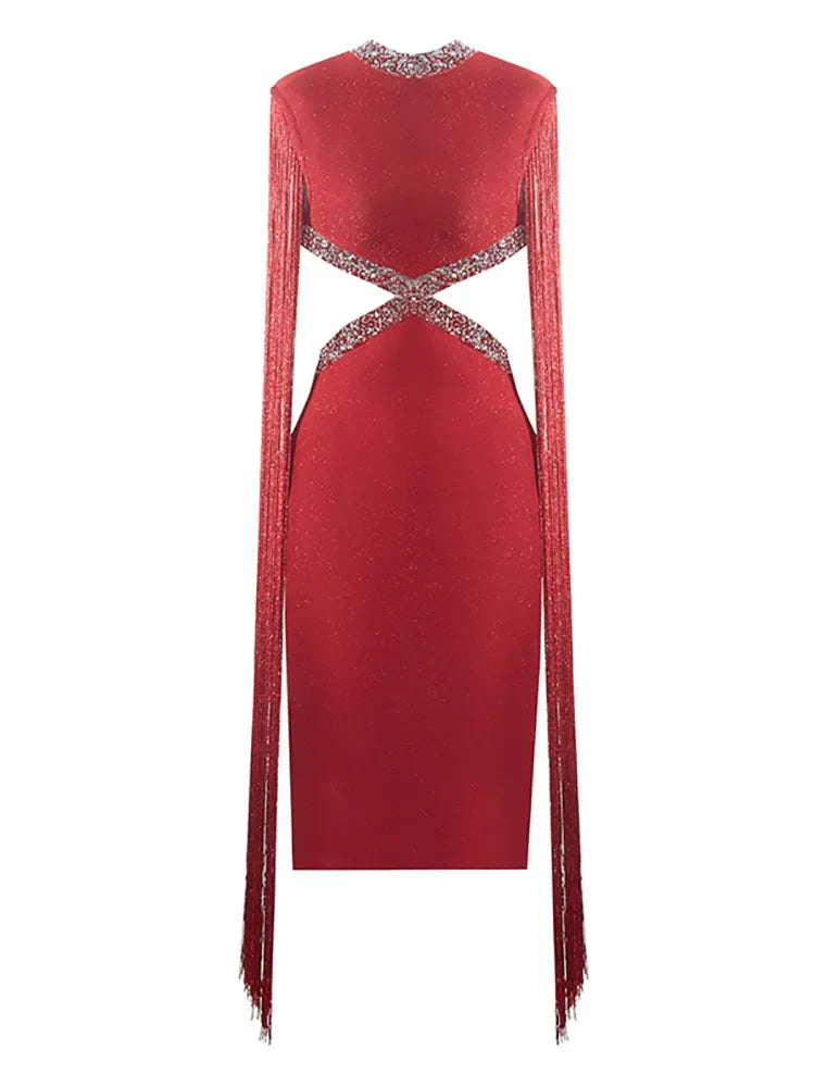 Fringe Sleeve Tassel Sequined Midi Dress Mssaz Desses