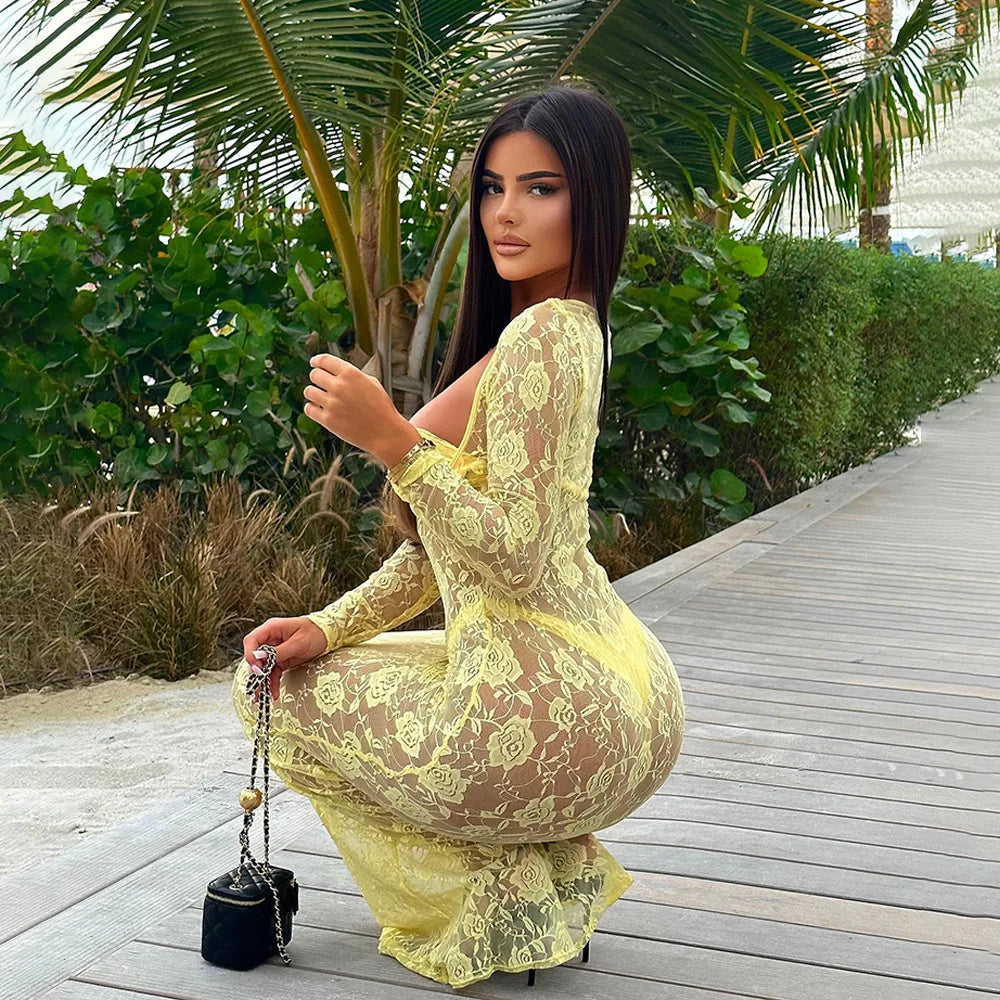 Perspective Lace Hollow Out Bodycon Maxi Dress Mssaz Desses