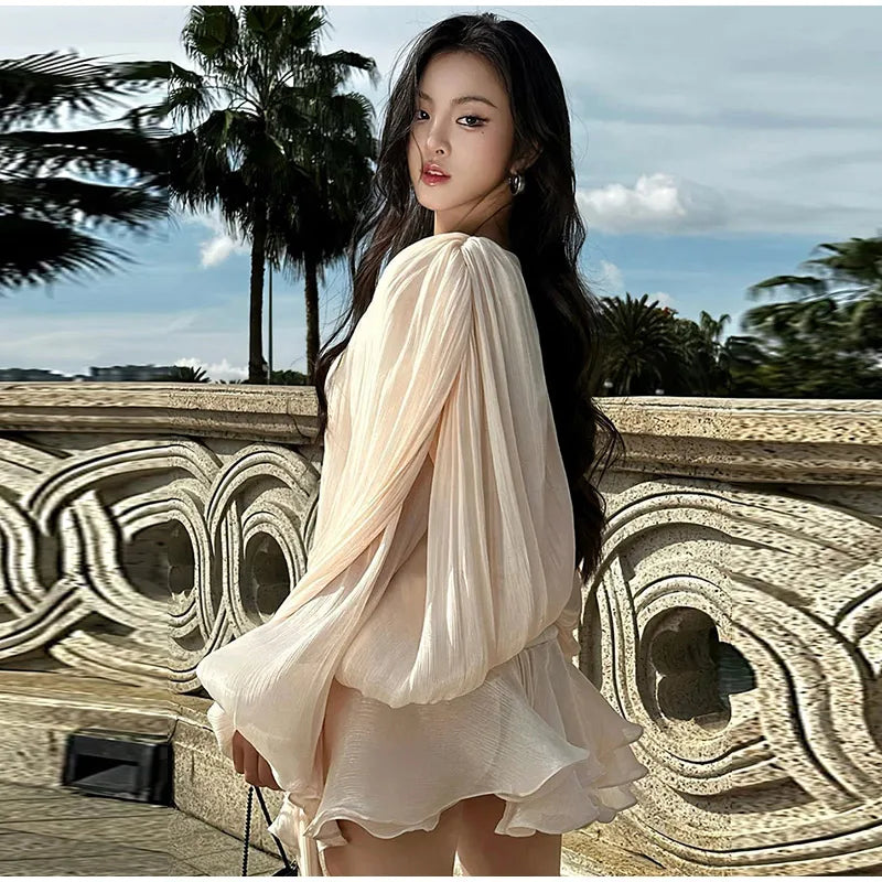 Elegant V-Neck Lace-Up  Style Mini Dress Mssaz Desses