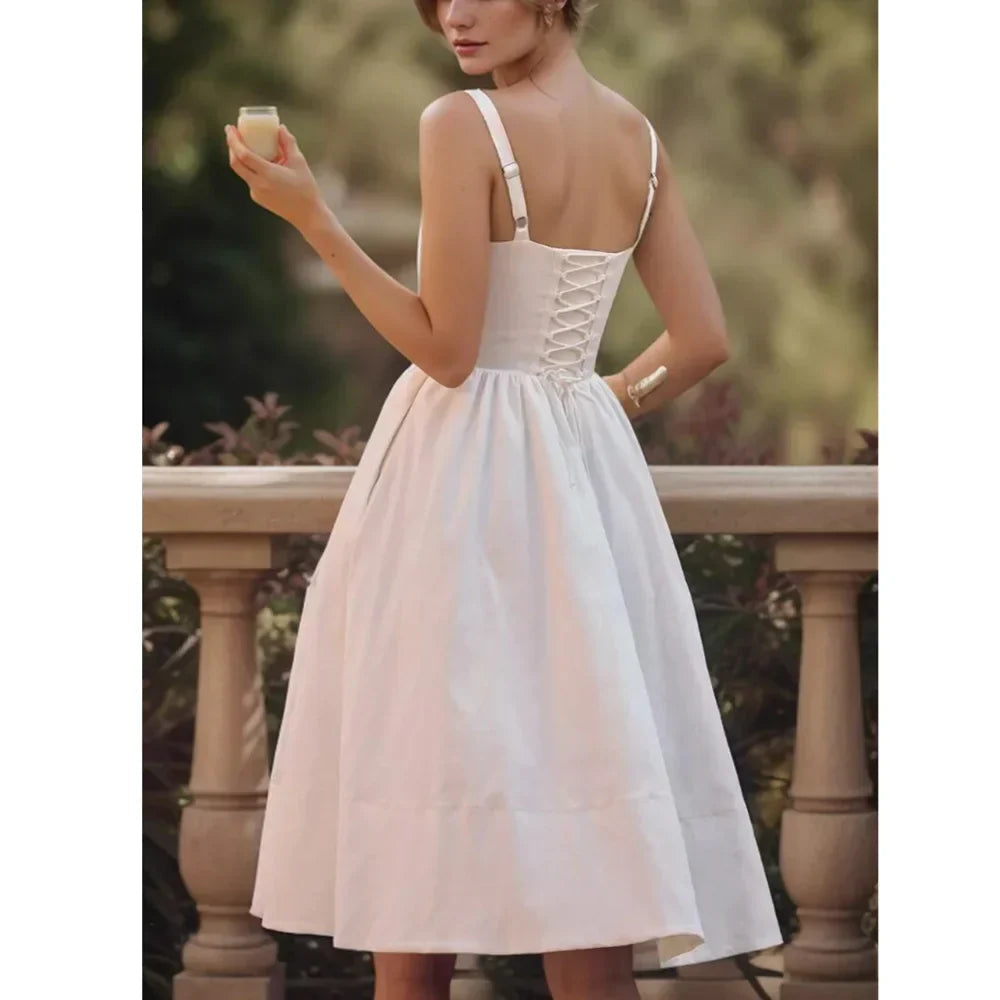 Wire Corset Style Low Waist White Midi Dress Mssaz Desses