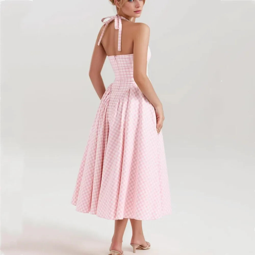 Pink White Plaid Bow Halter V Collar Midi Dress Mssaz Desses