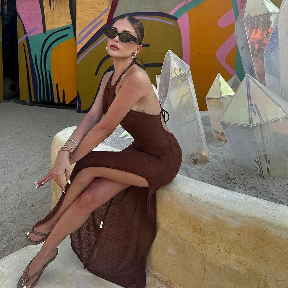 Knitted Cover Up Slit Bodycon Halter Neck Long Dress Mssaz Desses