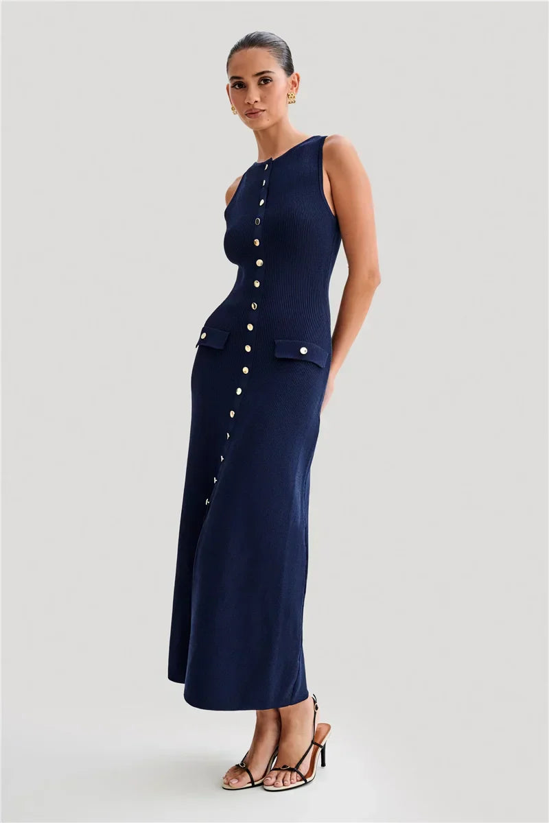 Knit Maxi Dress with Pockets Button-Front Mssaz Desses