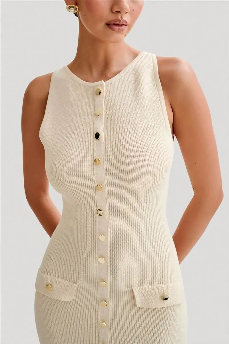 Knit Maxi Dress with Pockets Button-Front Mssaz Desses