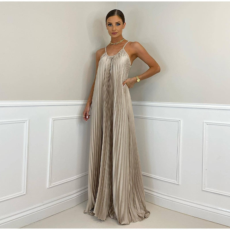 Pleated Long Halter Sleeveless Sling Banquet Dress Mssaz Desses