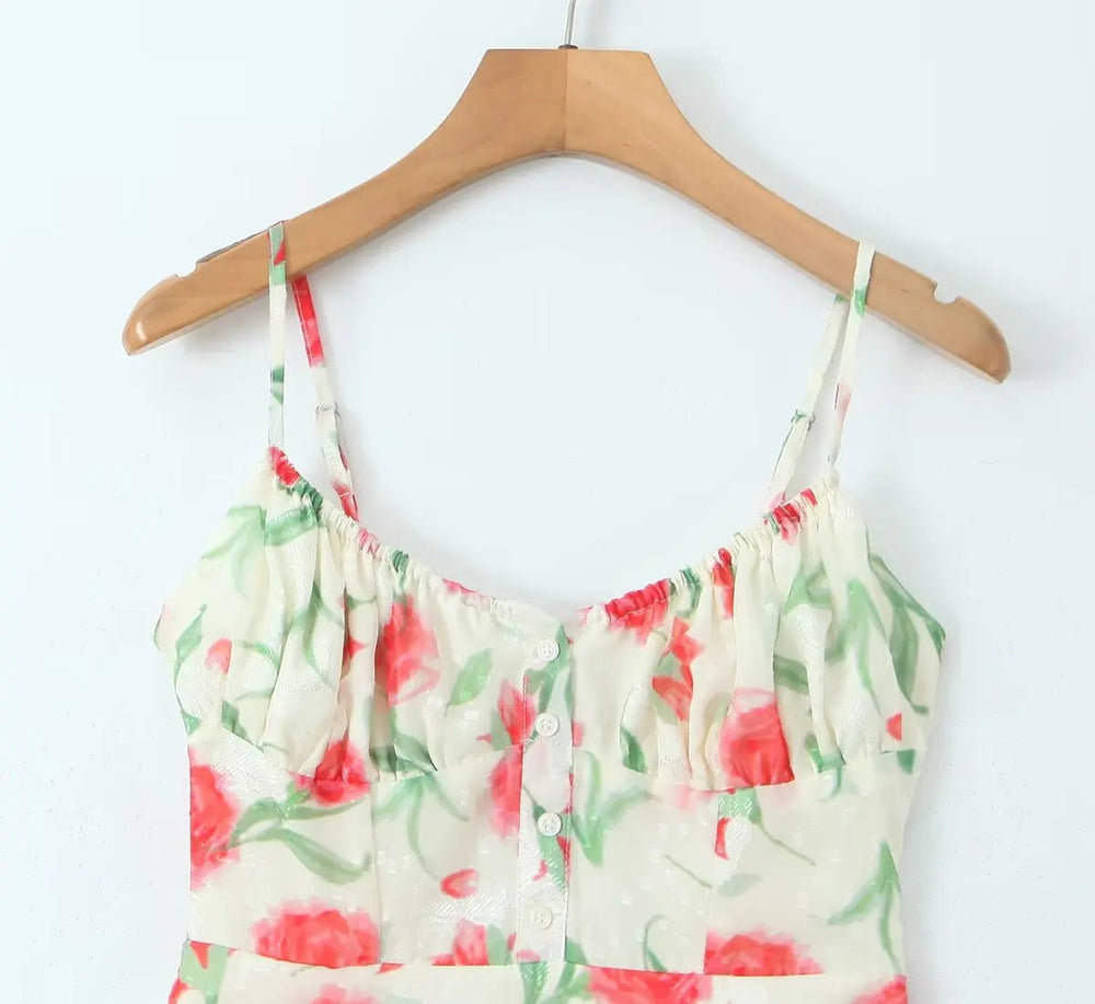 Large Flowers Elastic Buttons Midi Dress Mssaz Desses