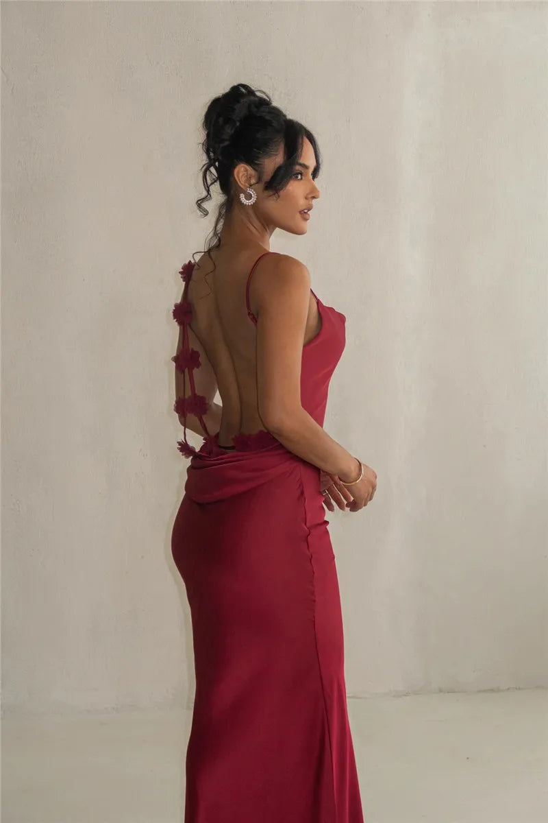 3D Flower Draped Open Back Maxi Dress Mssaz Desses