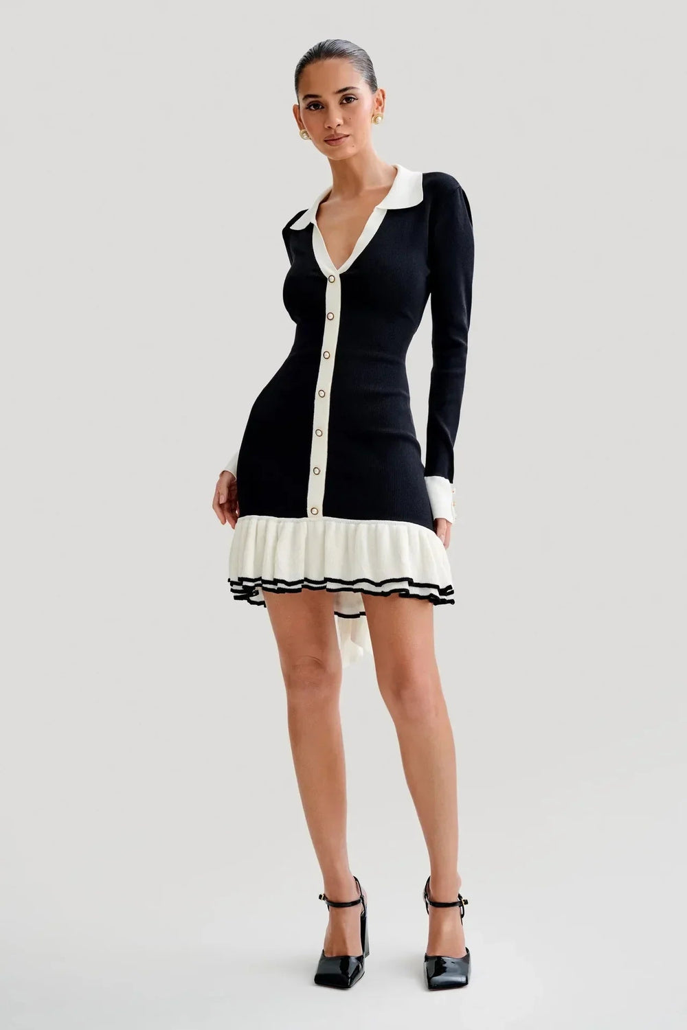Ruffled Contrast Bow Open Back Lace-Up Knit Mini Dress Mssaz Desses