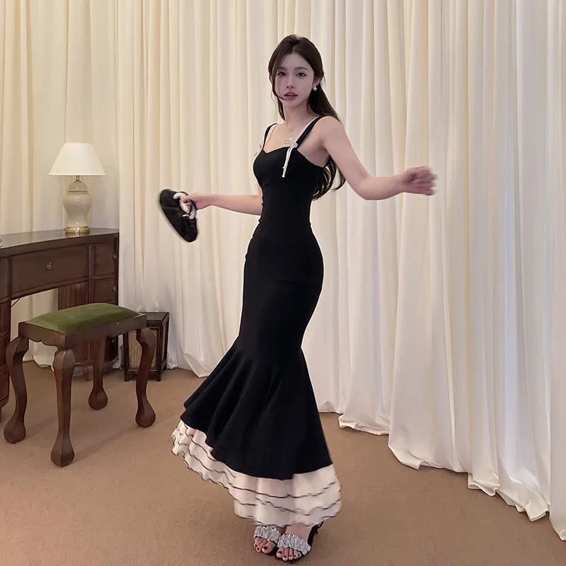 Black Ruffle Trim Fishtail Midi Dress Mssaz Desses