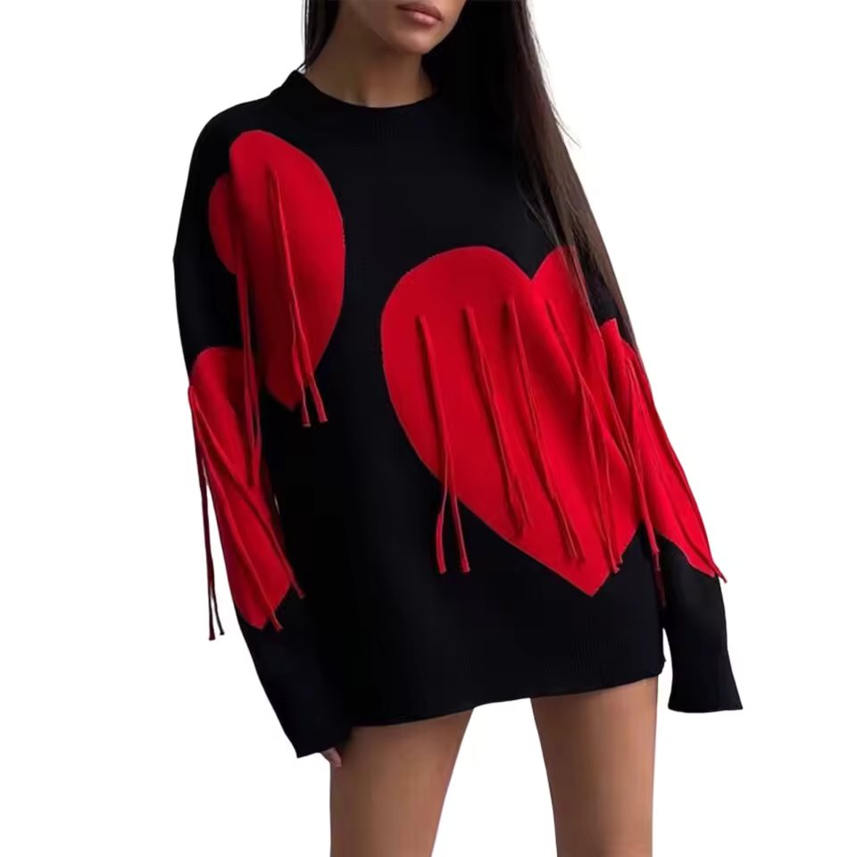 Round Neck Knitwear Tassel Contrast Color Long Sleeve Ribber Loose Fit  Sweater Tops Mssza