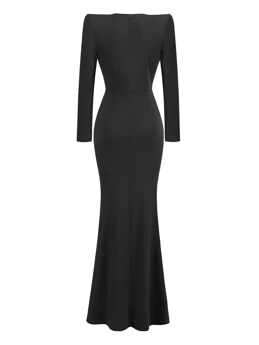 Deep V Neck Black Rhinestone Floor Long Dress Mssaz Desses