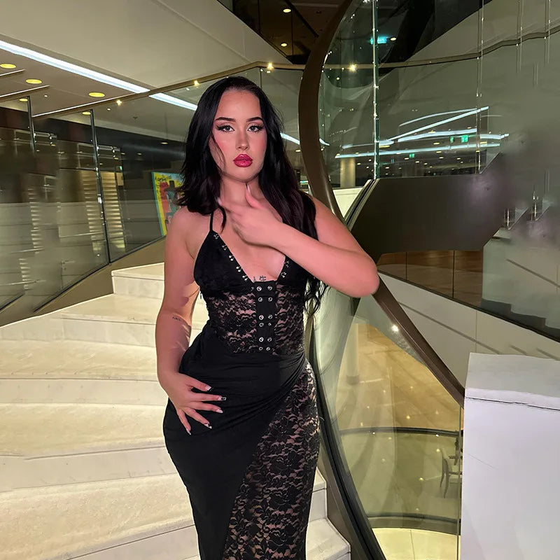 Deep V Halter Backless Maxi Party Dress Women Mssaz Desses