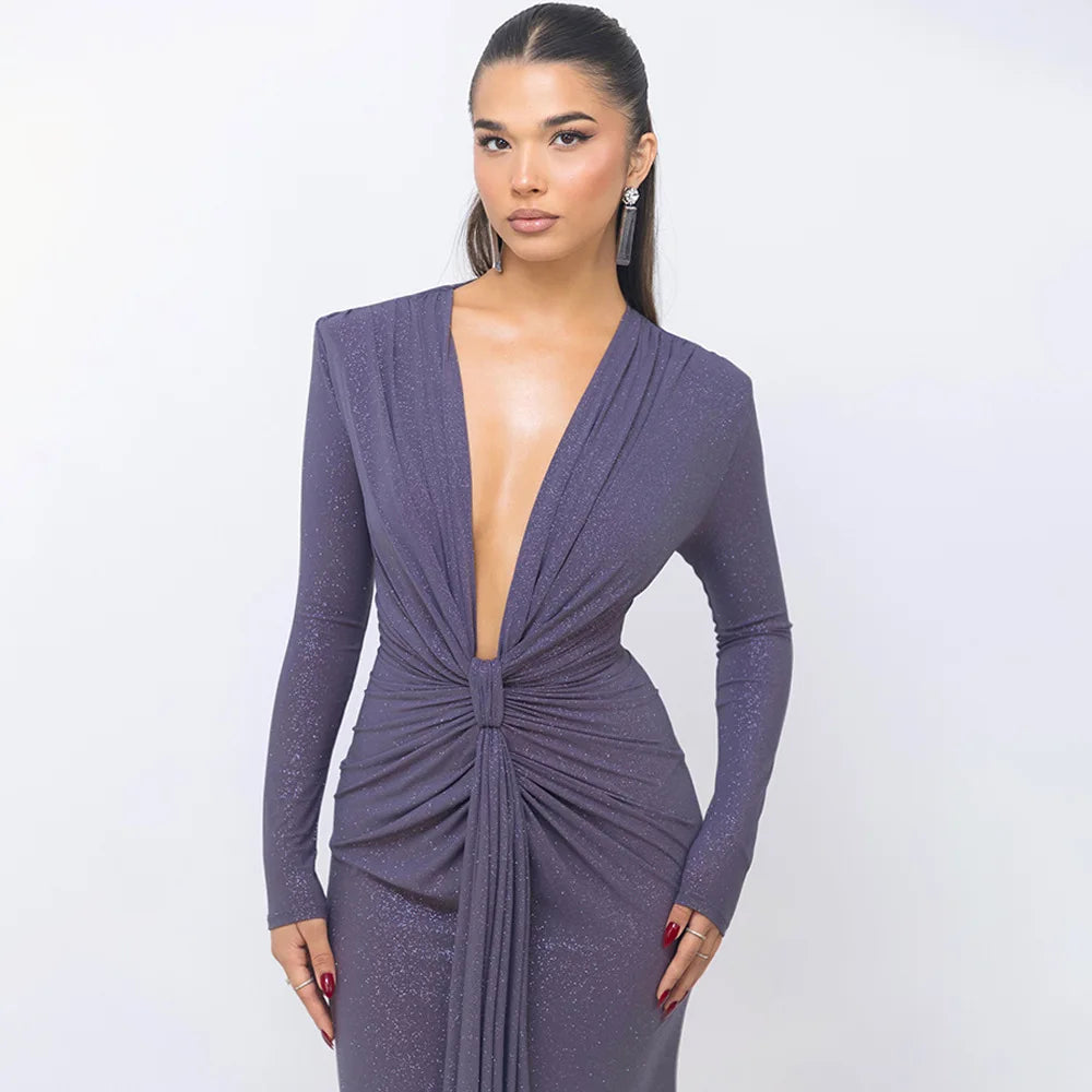 Elastic Deep V-Fold Lace Maxi Dress Mssaz Desses