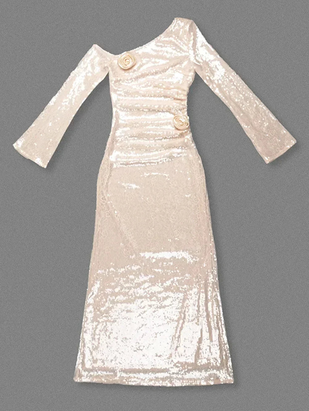 Mesh Sequin 3D Flower Long Sleeve Bodycon Maxi Dress Mssaz Desses