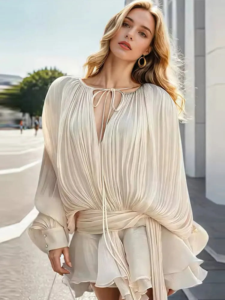 Elegant V-Neck Lace-Up  Style Mini Dress Mssaz Desses