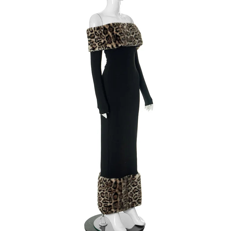 Leopard Print Fluff Splicing Maxi Dress Mssaz Desses