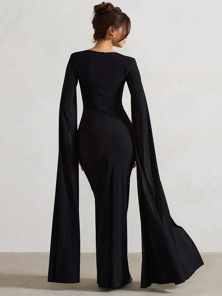 Elegant Cape Sleeve Maxi Dress with High Split Mssaz Desses