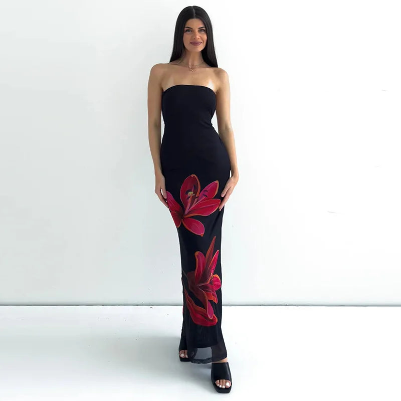Black Tube Flower Print Back Tie Up Maxi Dress Mssaz Desses