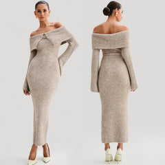 Fluffy Solid Knitted Off Shoulder Midi Dress Mssaz Desses