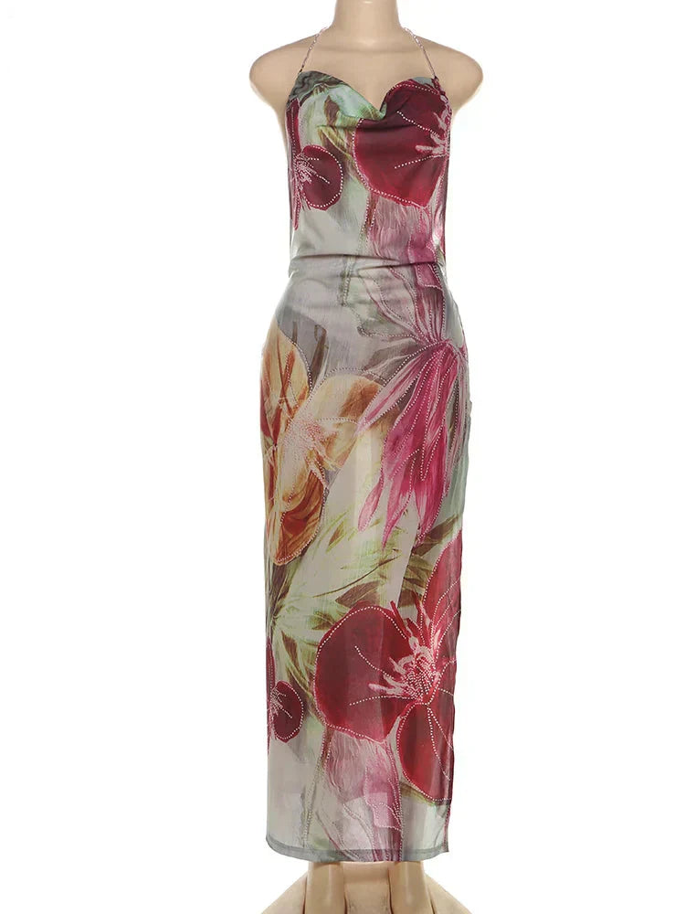 Floral Print Backless Halter Dress with Split for Women Mssaz Desses