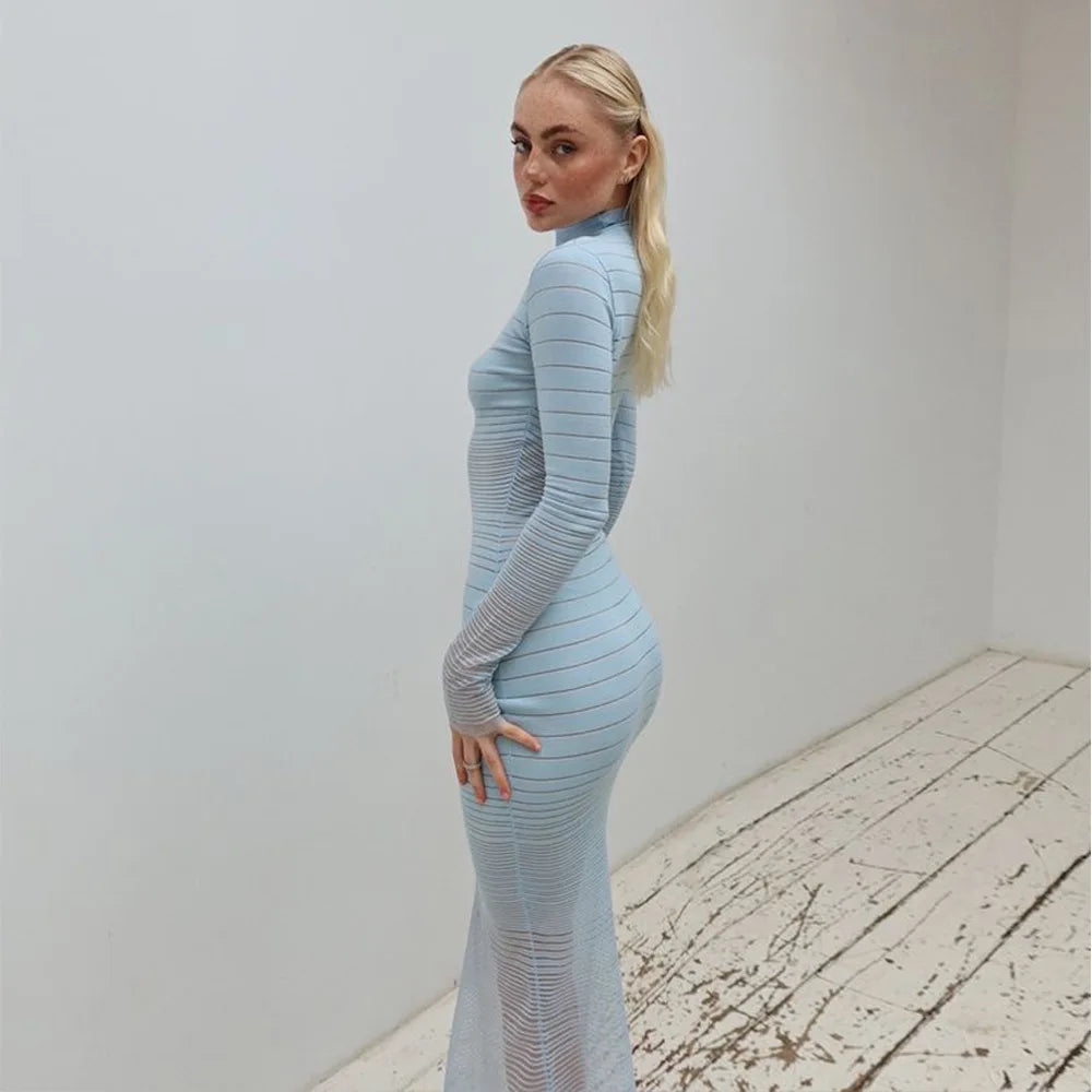 Striped Knitted Half High Collar Dress Mssaz Desses