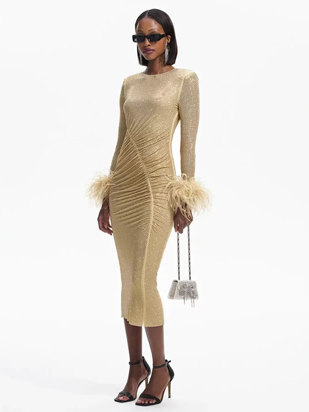 Long Sleeve Feathers Rhinestone Midi Dress Mssaz Desses