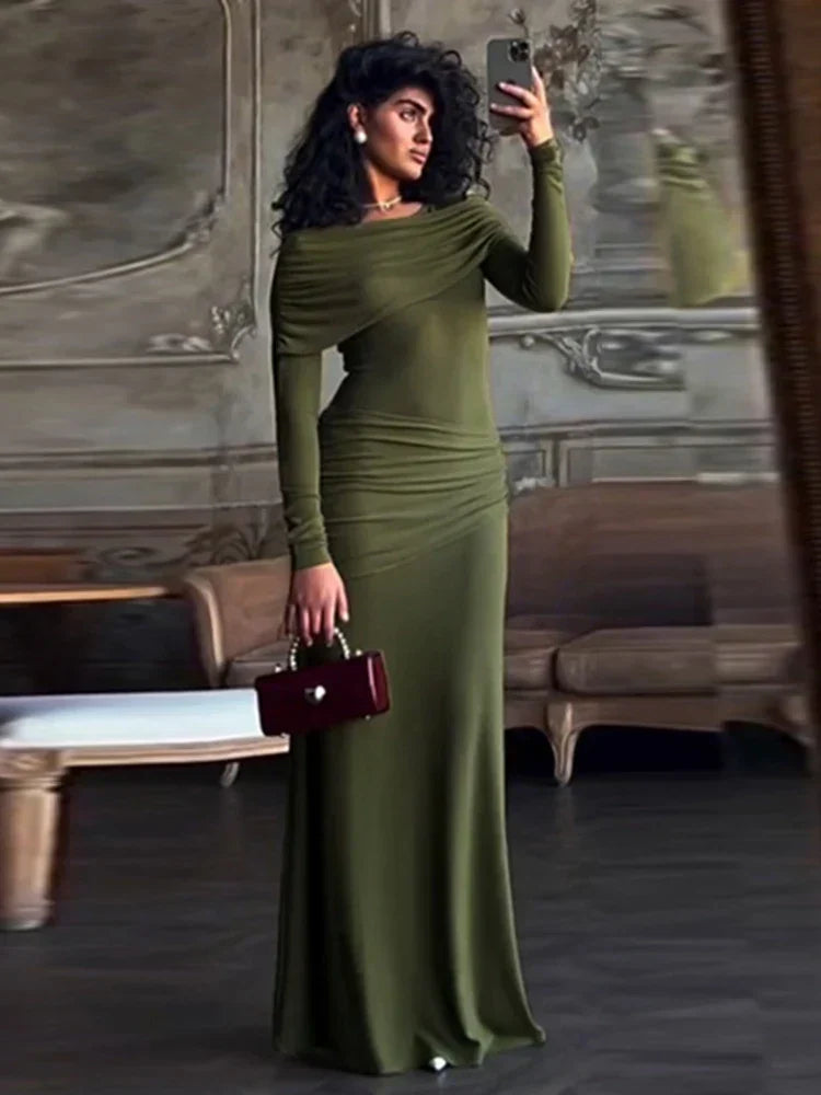 Solid Long Sleeve Irregular Splice Long Dress Mssaz Desses