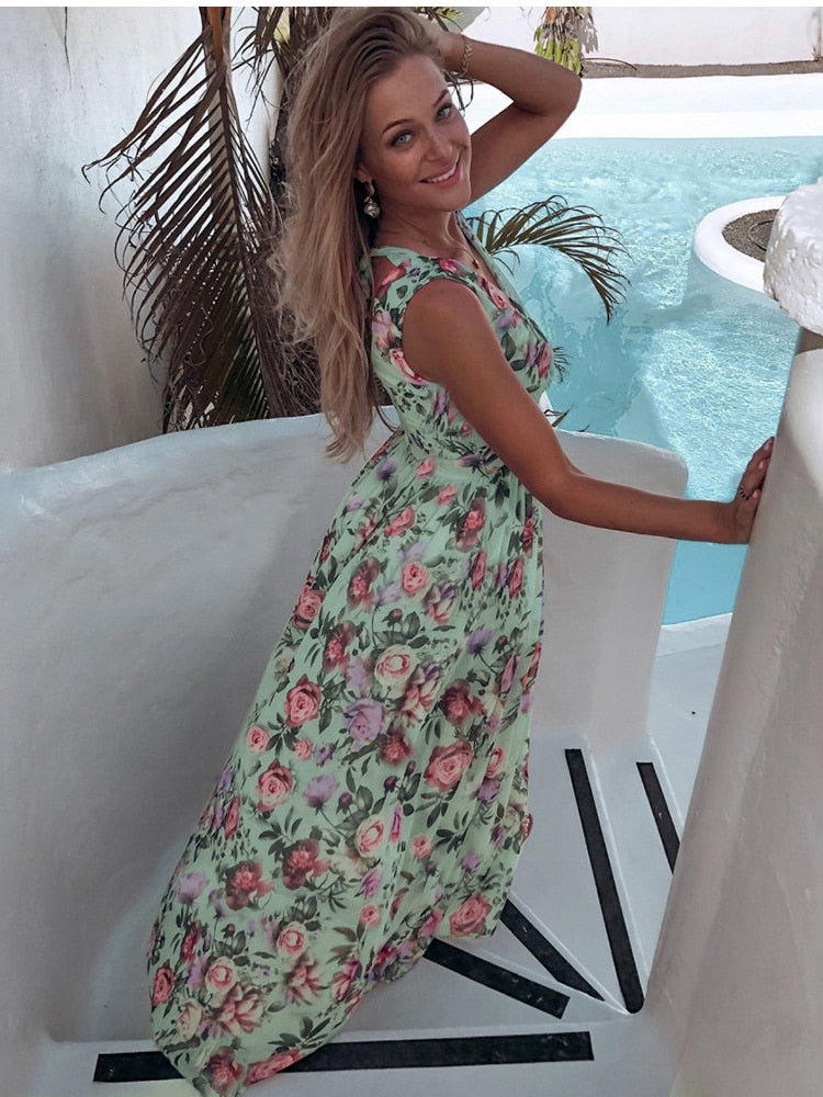 Chiffon V-neck Sleeveless Print Maxi Dress Mssaz Desses