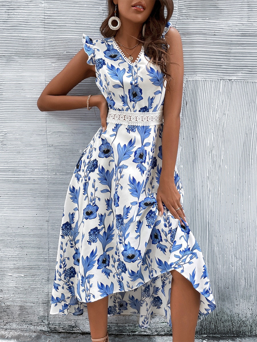 Lace Stitching Floral Print Hollow Beach Long Dress Mssaz Desses