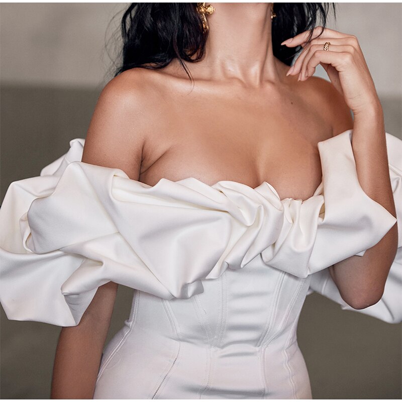 Solid Fishbone Off Shoulder Ruffled One-shoulder Mini Dress Mssaz Desses
