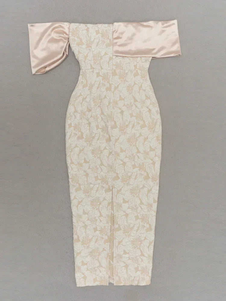 Slash Neck Embossed Flower Beige Dress Mssaz Desses