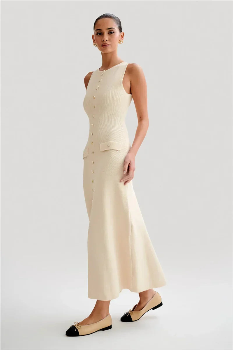 Knit Maxi Dress with Pockets Button-Front Mssaz Desses