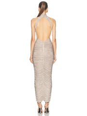Halter Neck Backless Crystal Folds Long Dress Mssaz Desses