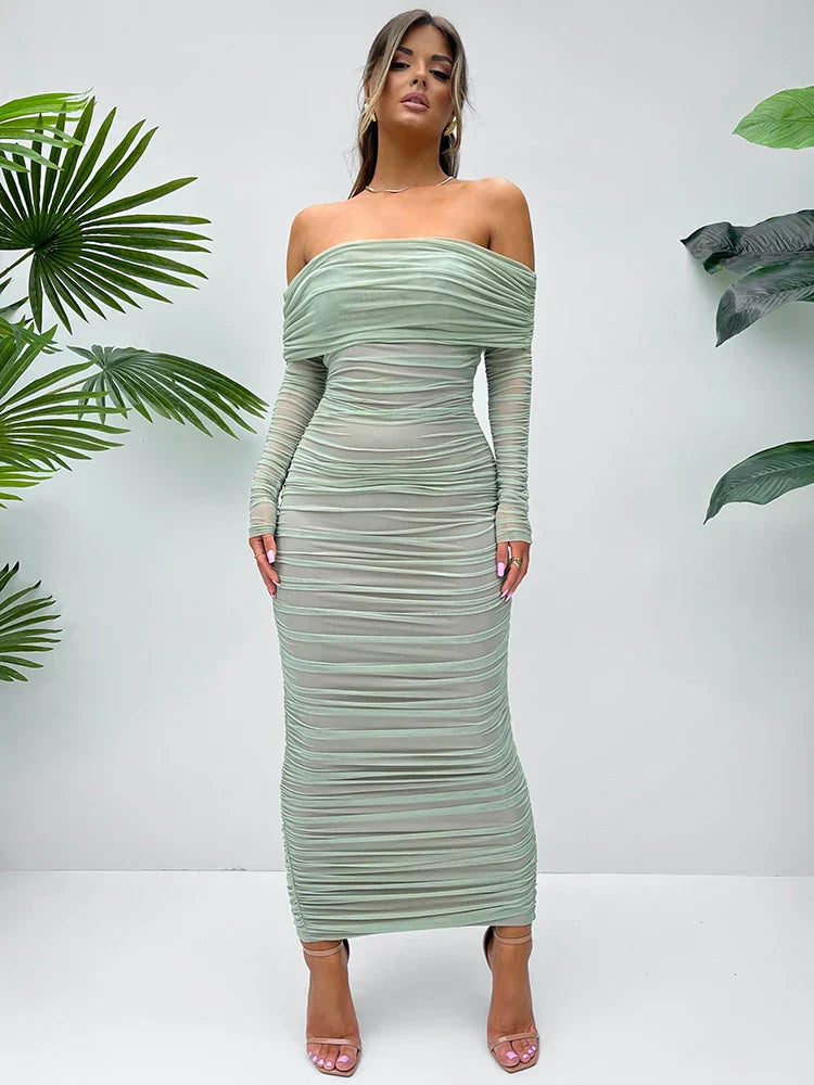 Off-shoulder Slash Neck Solid Maxi Dress Mssaz Desses