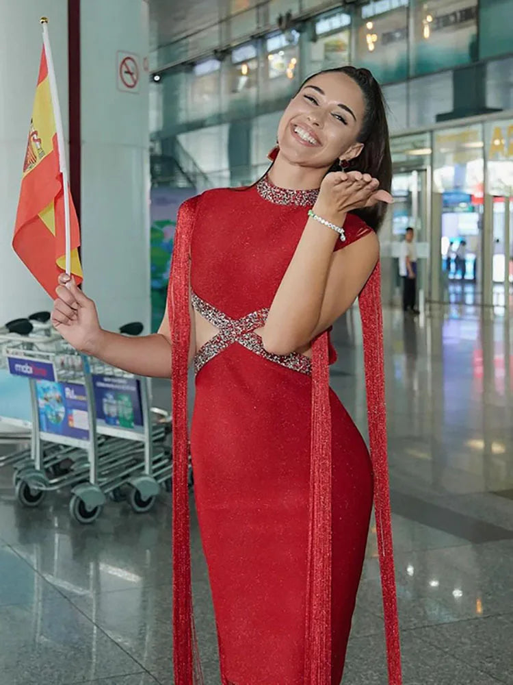 Fringe Sleeve Tassel Sequined Midi Dress Mssaz Desses
